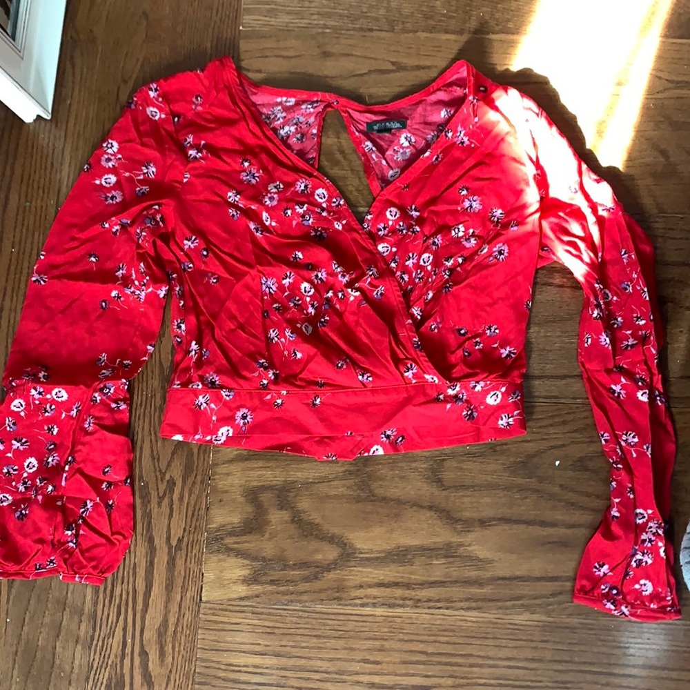 Red floral wrap blouse